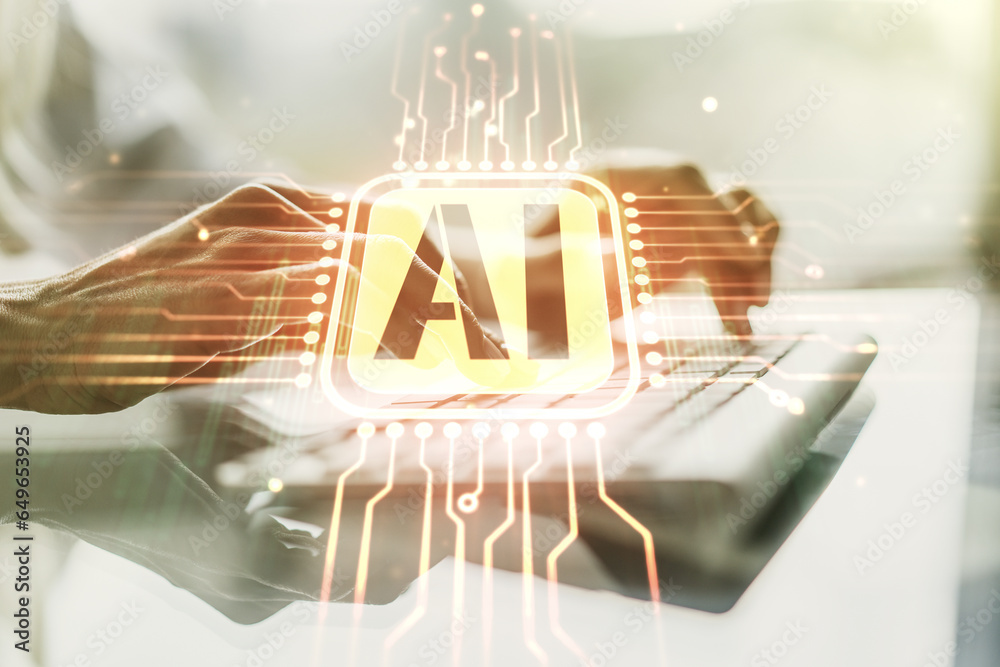 Poster creative artificial intelligence symbol concept with hands typing on laptop on background. multiexpo