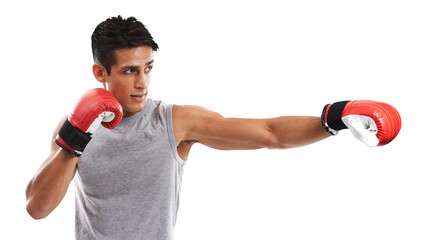 Isolated boxer man, punch and fitness with power, training and performance for fight by transparent png background. Martial arts, mma expert or athlete with gloves, exercise and profile for contest - Powered by Adobe