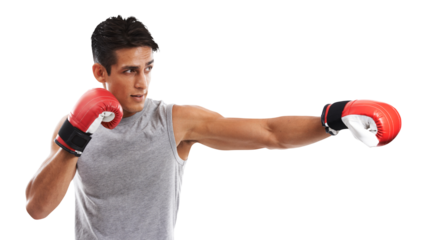Isolated boxer man, punch and fitness with power, training and performance for fight by transparent png background. Martial arts, mma expert or athlete with gloves, exercise and profile for contest