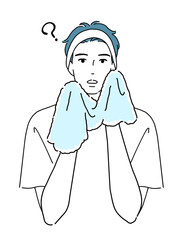 タオルで顔を拭きながら疑問を持つ男性