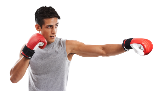Isolated boxer man, punch and fitness with power, training and performance for fight by transparent png background. Martial arts, mma expert or athlete with gloves, exercise and profile for contest