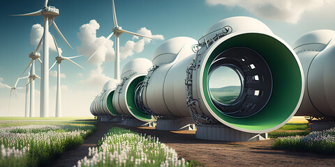 A hydrogen pipeline with wind turbines and in the background. Green hydrogen production concept. Generative AI.