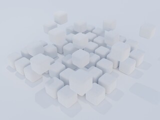 Abstract white background with textured cubes lying on the surface and floating in the air. 3D illustration with bokeh effect.