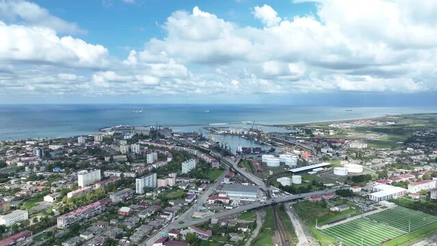 Aerial view of Georgian port city of Poti located at entrance of Rioni river into Black Sea on sunny autumn day, Samegrelo-Zemo Svaneti region.