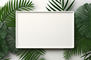 White Frame rounded corner Background with copy space and tropical green palm leaves on white surface. top view