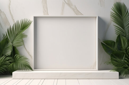 rectangular podium with copy space and tropical palm leaf and on marble background. Product presentation concept