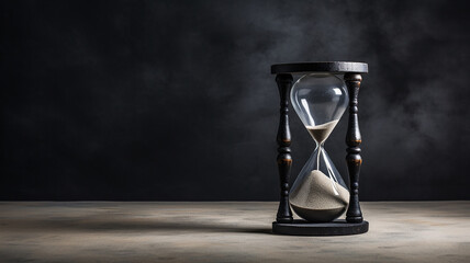 Black hourglass on a wooden table with old gray concrete. - obrazy, fototapety, plakaty