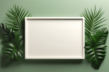 White Frame Background with copy space and tropical green palm leaves on green surface top view