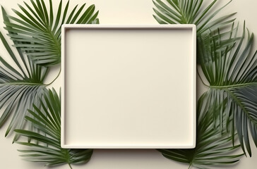 White Frame Background with copy space and tropical green palm leaves on cream background. top view