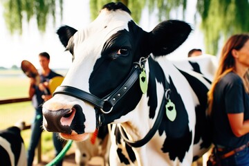 Obraz premium Mature cow, black and white in a green field, blue sky. Black and white cows in a pasture on a bright and sunny day