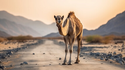 Camel crossing the desert road on sunset with arid drought countryside genetarive ai