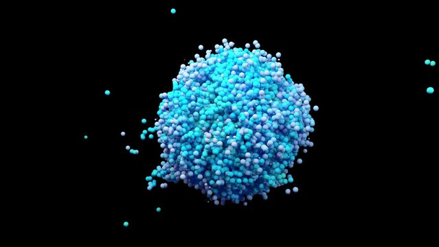 Three-dimensional sphere consisting of flowing colored particles rotates with acceleration and deceleration and grows. Abstract animation: motion of colorful fluid particles on black background