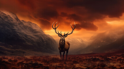 Dramatic sunset with beautiful sky and red deer stag looking strong and proud. - obrazy, fototapety, plakaty