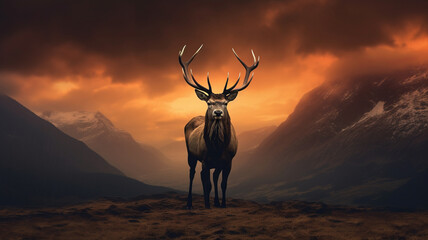 Dramatic sunset with beautiful sky and red deer stag looking strong and proud. - obrazy, fototapety, plakaty