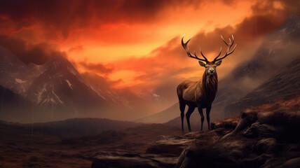 Dramatic sunset with beautiful sky and red deer stag looking strong and proud.
