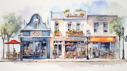 Quirky cafe watercolor illustration - Generative AI.