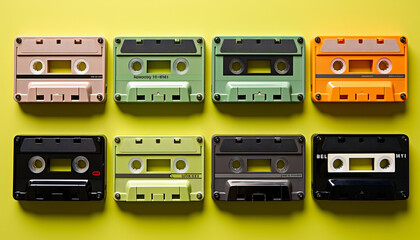 Obraz premium old school cassette tapes in a row on lime green background.generative ai