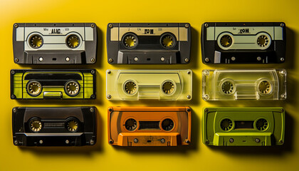 old school cassette tapes in a row on lime green background.generative ai
