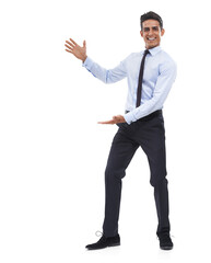Portrait, business and man with presentation, smile and career isolated on transparent background....
