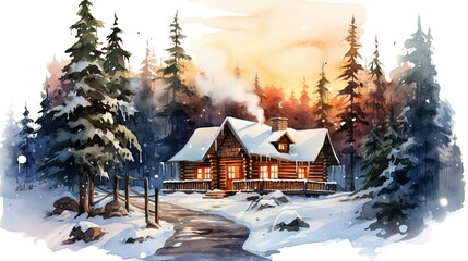 Rustic log cabin watercolor illustration - Generative AI. - obrazy, fototapety, plakaty