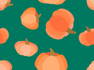 Pumpkins seamless pattern on a green background. Orange pumpkins for Thanksgiving and Halloween. Traditional autumn design element for banners, posters and promotional items. Vector illustration