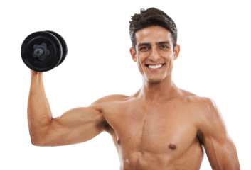 Isolated man, dumbbell and portrait for exercise, training and wellness for muscle by transparent png background. Fitness, bodybuilder and weight lifting for performance, workout and healthy body