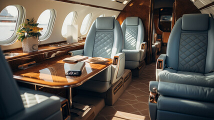 interior of Luxury private vip business jet macro lens day white light generative ai - obrazy, fototapety, plakaty