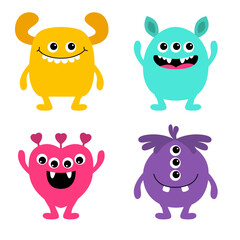 Monster set. Happy Halloween. Colorful silhouette monsters. Cartoon kawaii funny boo character. Cute face with horns, teeth, eyes. Childish baby collection. White background. Flat design.