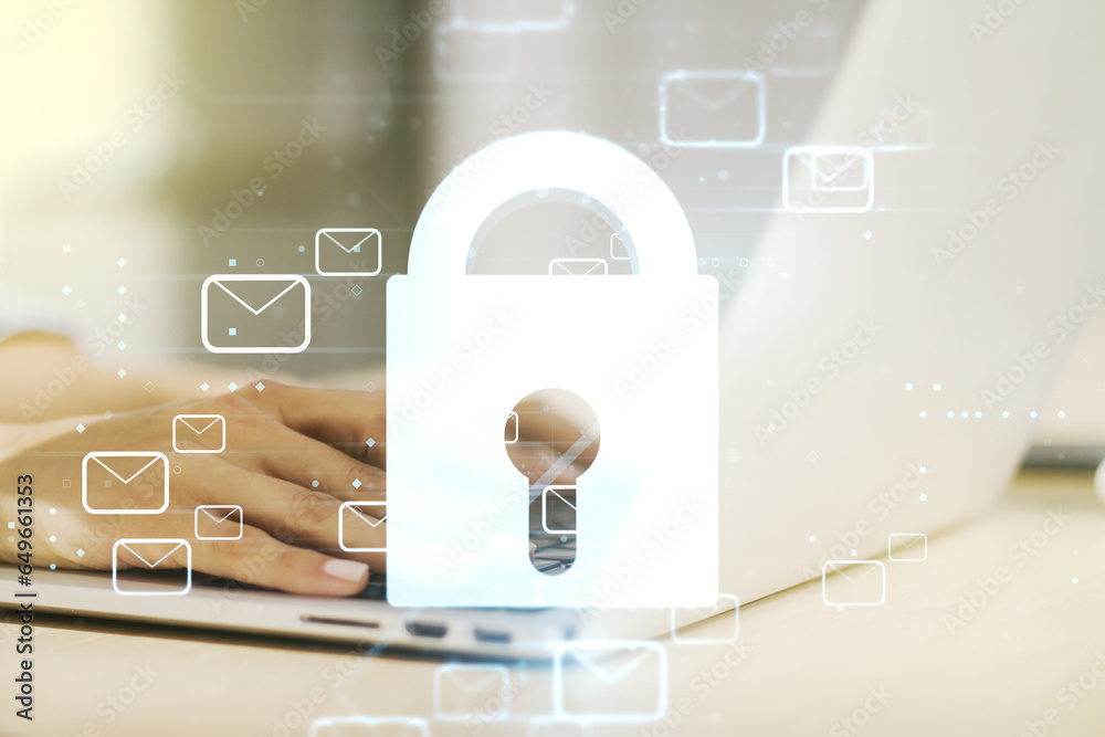 Poster Creative lock sketch with email symbols hologram and hands typing on computer keyboard on background, protection of personal data concept. Multiexposure