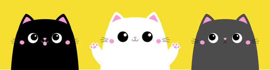 Cute black gray white cat kitten kitty head silhouette icon set. Pink paw print. Kawaii cartoon character. Happy Valentines Day. Greeting card tshirt print. Yellow background. Flat design.