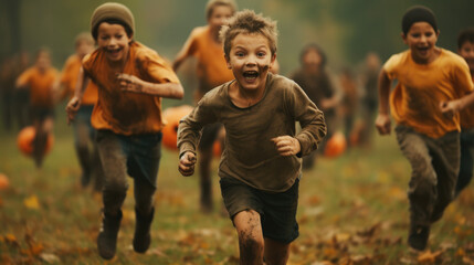 Dirty child boys runs across field towards camera - 649661764