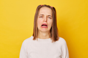 Displeased upset teenage girl in jumper with ponytails isolated over yellow background being...