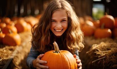 Teen girl helping to harvest pumpkins growing in pumpkin patch on sunny autumn day. Happy child laughing picking pumpkins on Halloween.
