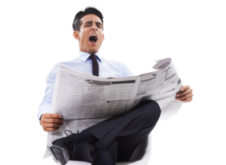 Tired business man, relax and newspaper for corporate news, reading fatigue or bored with career. Worker with job search on print paper, yawning for information isolated on transparent png background