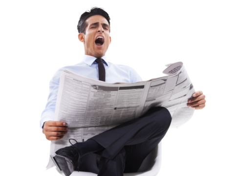 Tired business man, relax and newspaper for corporate news, reading fatigue or bored with career. Worker with job search on print paper, yawning for information isolated on transparent png background