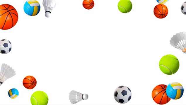 Many types of sports equipment are picture frames on a white background.