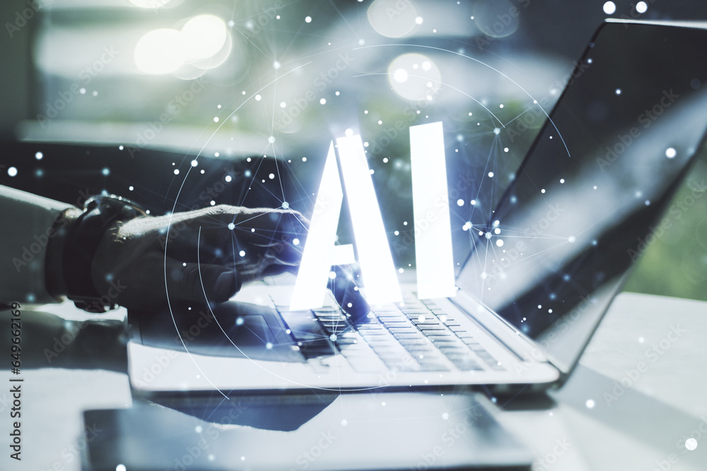 Poster Creative artificial Intelligence symbol concept with hands typing on laptop on background. Multiexposure
