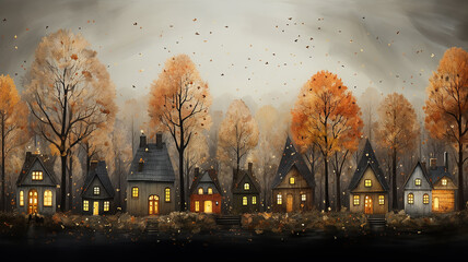 image greeting card with autumn houses and trees evening light in the windows october landscape with copy space - obrazy, fototapety, plakaty