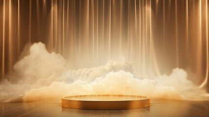 golden round podium with light clouds, a stage for a new product with an empty copy space