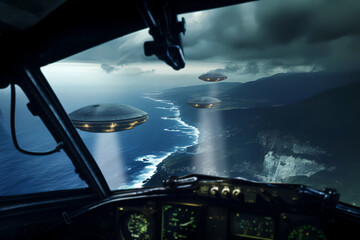 UFOs over the ocean near coastline seen from a jet cockpit