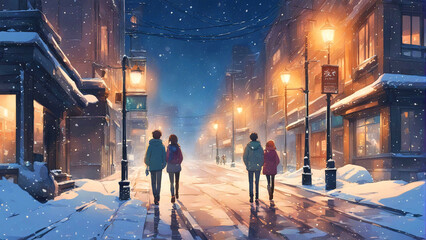 Anime art of people walking on the street at night during snowfall. - obrazy, fototapety, plakaty