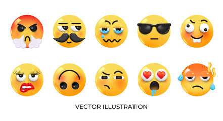 Obraz premium Set of Emoji icons. Realistic Yellow Glossy 3d Emoticons face on various topics. Pack 9. Vector 3d illustration