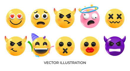 Set of Emoji icons. Realistic Yellow Glossy 3d Emoticons face on various topics. Pack 8. Vector 3d illustration