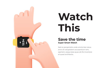 3d illustration. Cartoon hand with smart watch on white background. Cartoon device Mockup. Vector 3d illustration