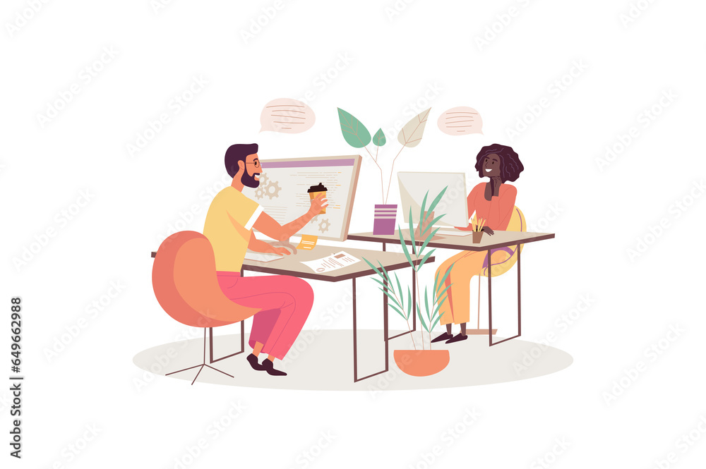 Poster programmers working concept with people scene in the flat cartoon design. two programmers work toget