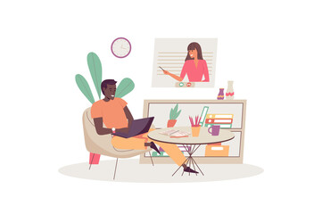 Online education concept with people scene in the flat cartoon style. Student sits at home and listens to the teacher's explanation online.  illustration.