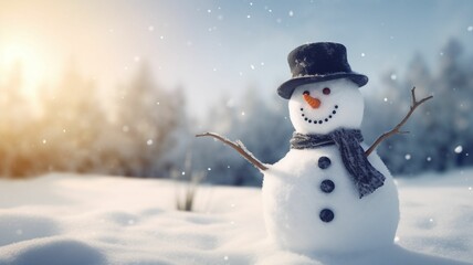 A cheerful and adorable snowman dressed in a black top hat and scarf stands on a snowy landscape....