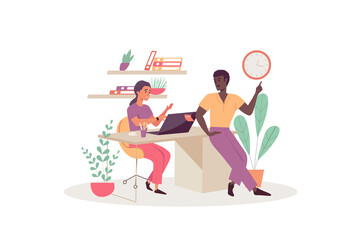 Deadline concept with people scene in the flat cartoon style. Two workers are trying to complete all the office tasks before the deadlines.  illustration.