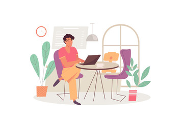 Concept freelance working with people scene in the flat cartoon design. Man works according to a free schedule at home and earns money.  illustration.