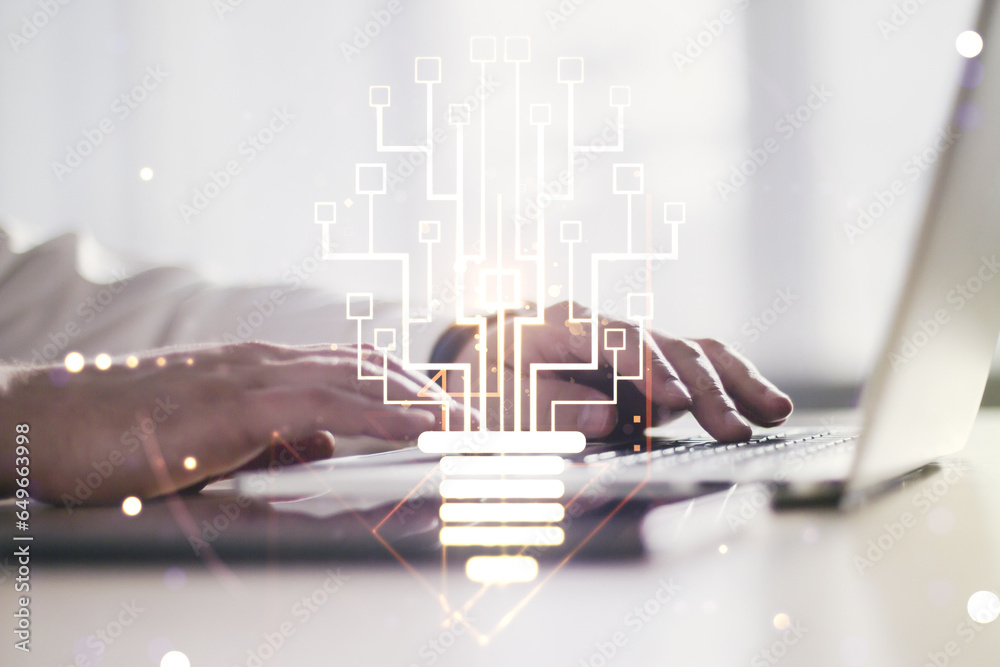 Poster Creative light bulb with chip hologram and hands typing on computer keyboard on background, artificial Intelligence and neural networks concept. Multiexposure